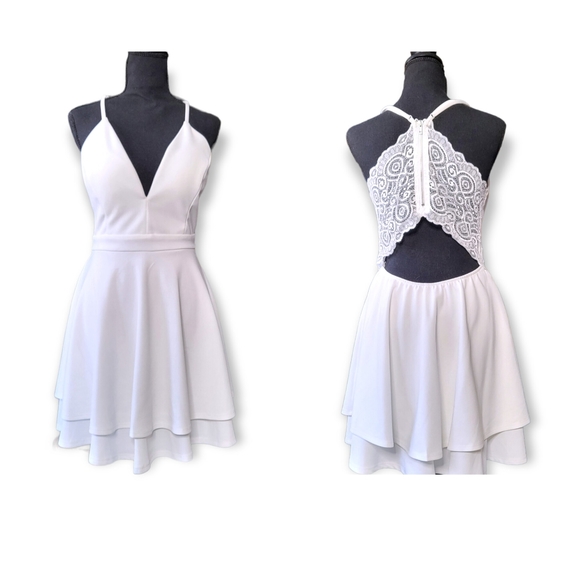 Honey and Rosie Deep V Neck Double Hem Lace Back Formal Dress - White - L